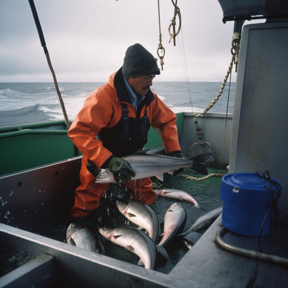fisherman holding a tuna