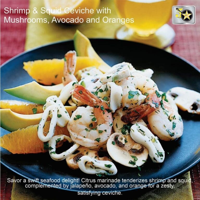 Shrimp & Squid Ceviche with Mushrooms, Avocado and Oranges