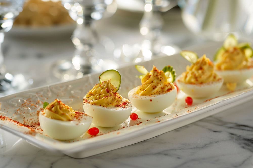 Elegant deviled eggs on a white platter, garnished with cucumber slices and paprika
