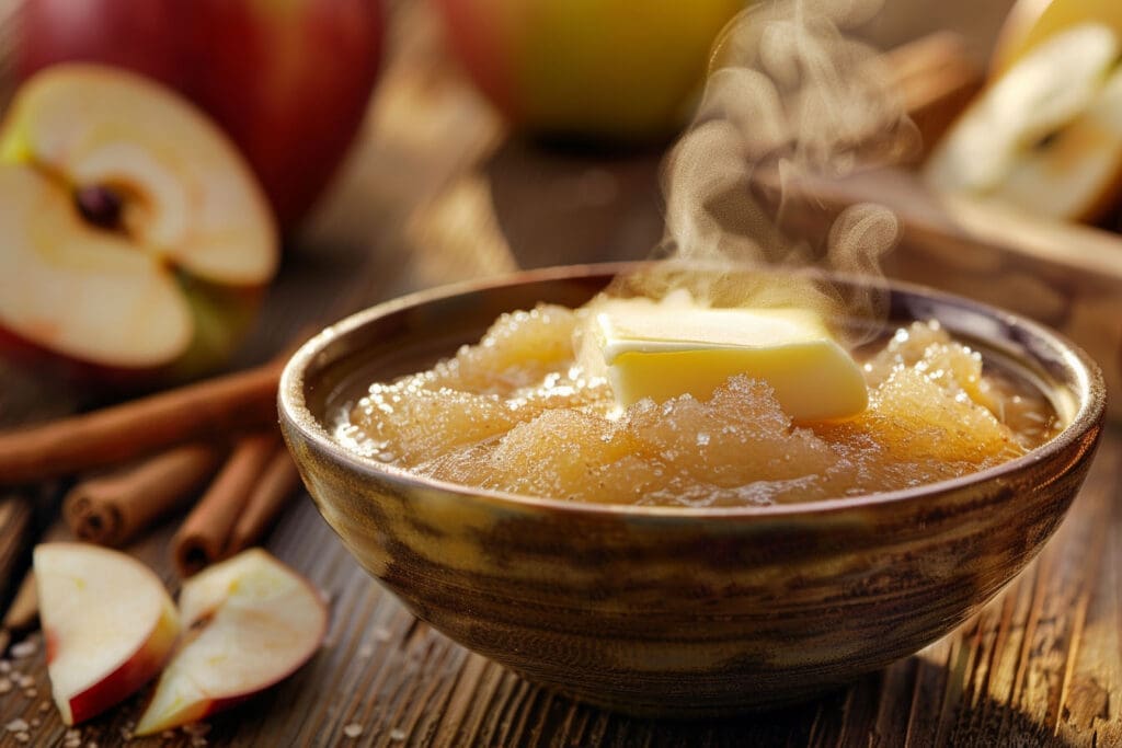 Steaming bowl of apple sauce topped with a pat of butter