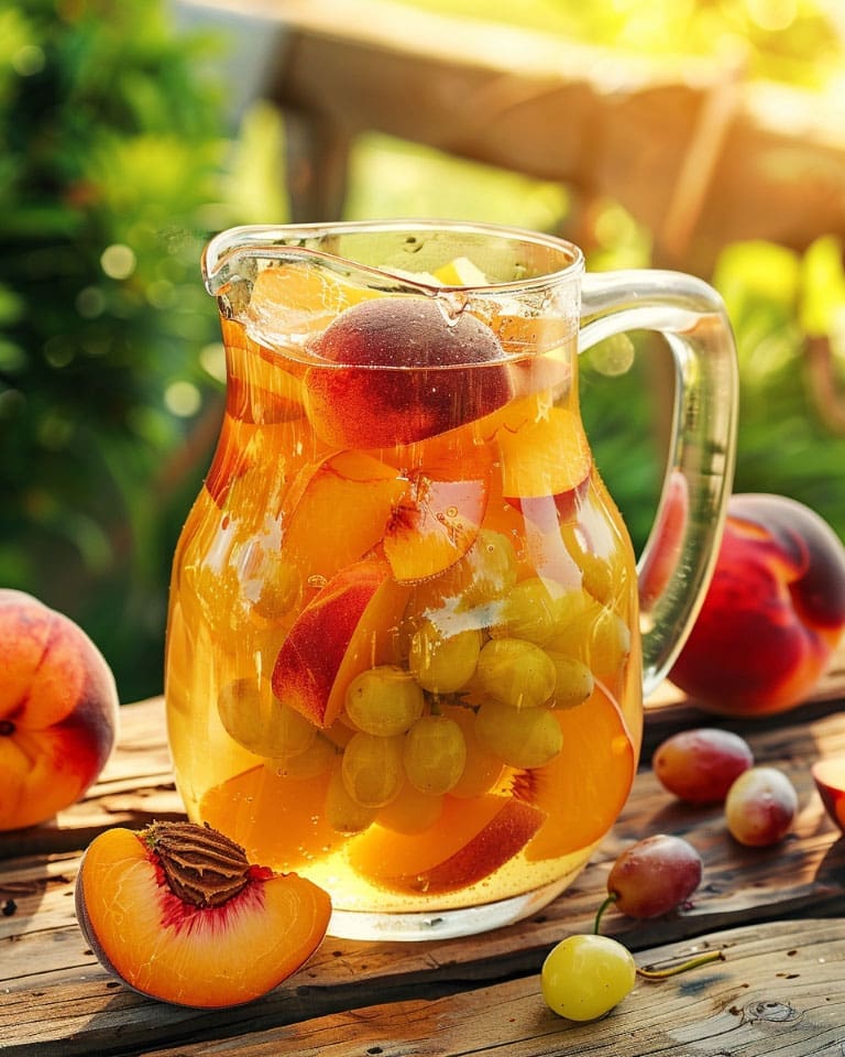 Refreshing fruit-infused beverage in a glass pitcher